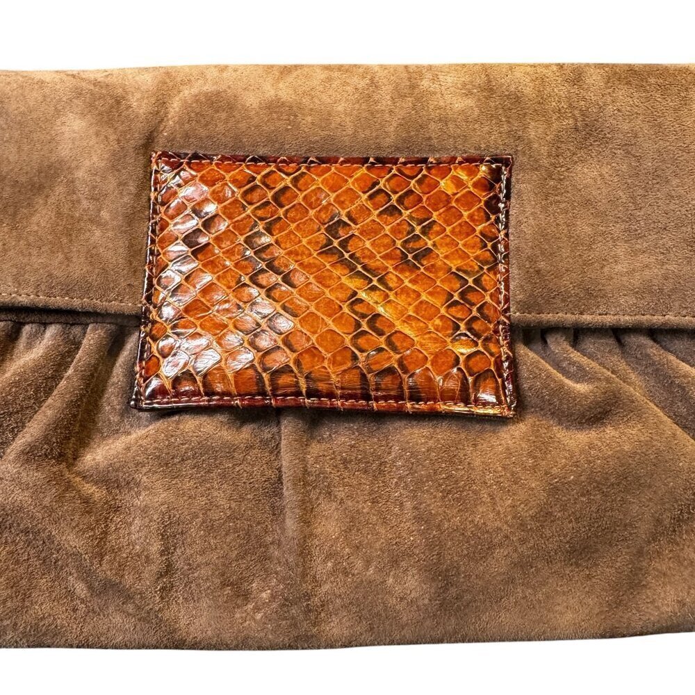 Vintage Ruth Saltz Suede Clutch – Brown with Snakeskin Accent – 1970s/80s - Picture 2 of 5